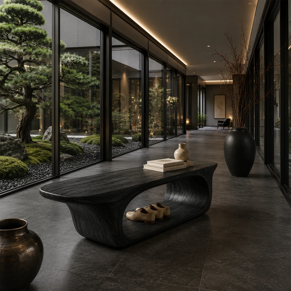 Contemporary wood bench pairs sculptural lines with versatile entryway organization