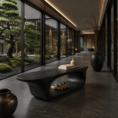 Contemporary wood bench pairs sculptural lines with versatile entryway organization