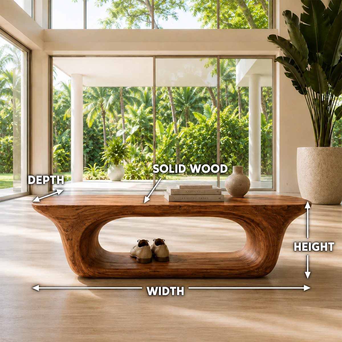 Minimalist shoe bench creates a refined focal point beneath floor to ceiling windows