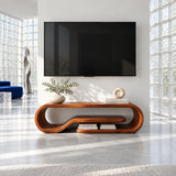 Living room TV stand in solid wood with an open base and smooth rounded ends style
