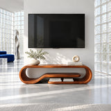 Elegant entertainment console in solid wood with a seamless loop and shelf below
