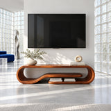 Refined media stand in solid wood with curved lines and a functional lower shelf

