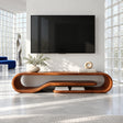 Sculptural solid wood TV stand with flowing loop frame and integrated lower shelf
