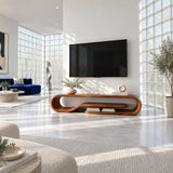 Modern media console in solid wood with curved silhouette and open display shelf
