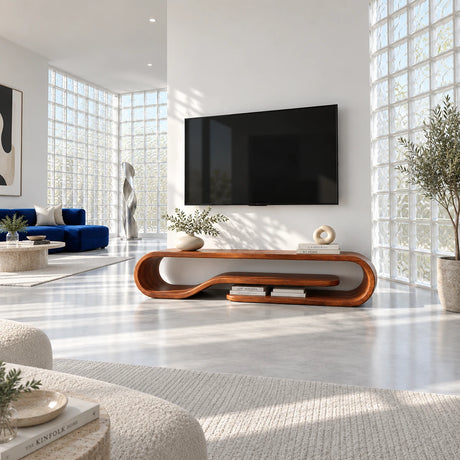 Modern media console in solid wood with curved silhouette and open display shelf

