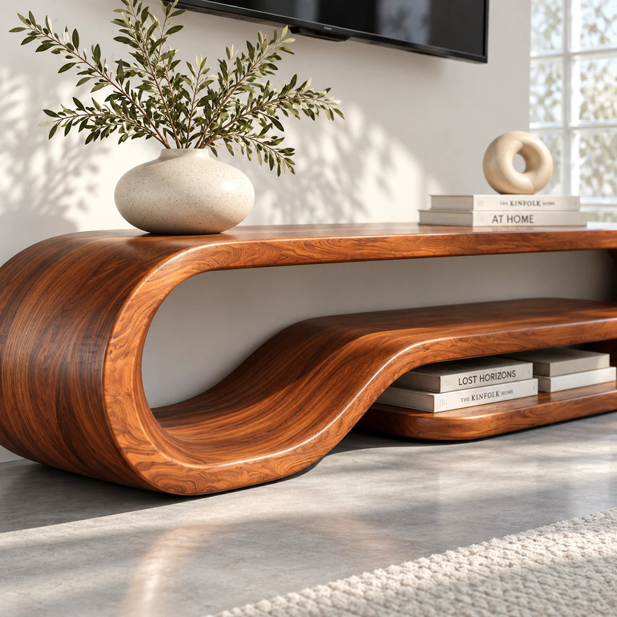 Contemporary TV console table in solid wood with an artistic wave form below shelf
