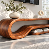 Contemporary TV console table in solid wood with an artistic wave form below shelf
