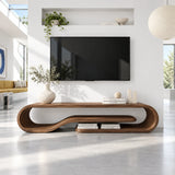 Rounded edge media cabinet in solid wood with a looped frame and open storage space
