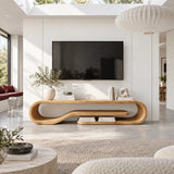 Architectural TV unit in solid wood with continuous curves and lower shelf space inside
