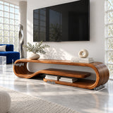 Curved TV media cabinet in solid wood featuring a wide top and open lower shelf
