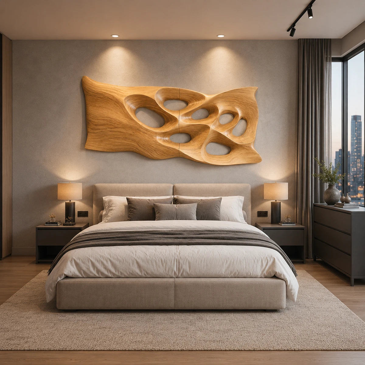 Bedroom wall decor with carved open forms brings artistic dimension to a calm interior