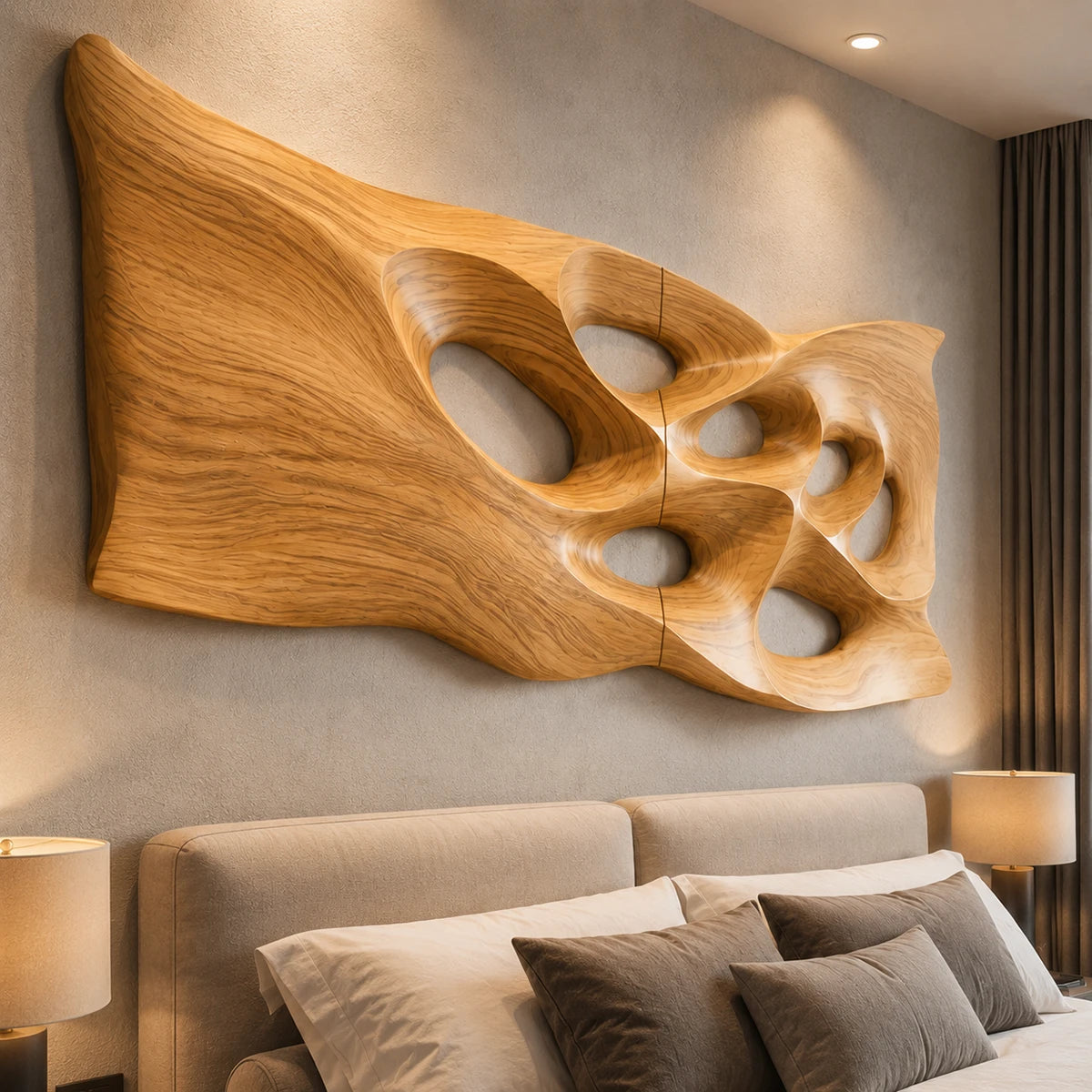 Sculptural wall panel with rounded voids creates visual rhythm across a spacious room