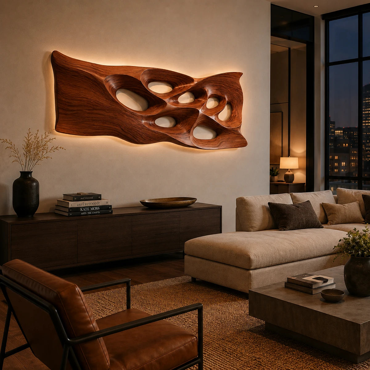 Flowing open form wall decor shapes a dramatic centerpiece for an elegant sleeping space