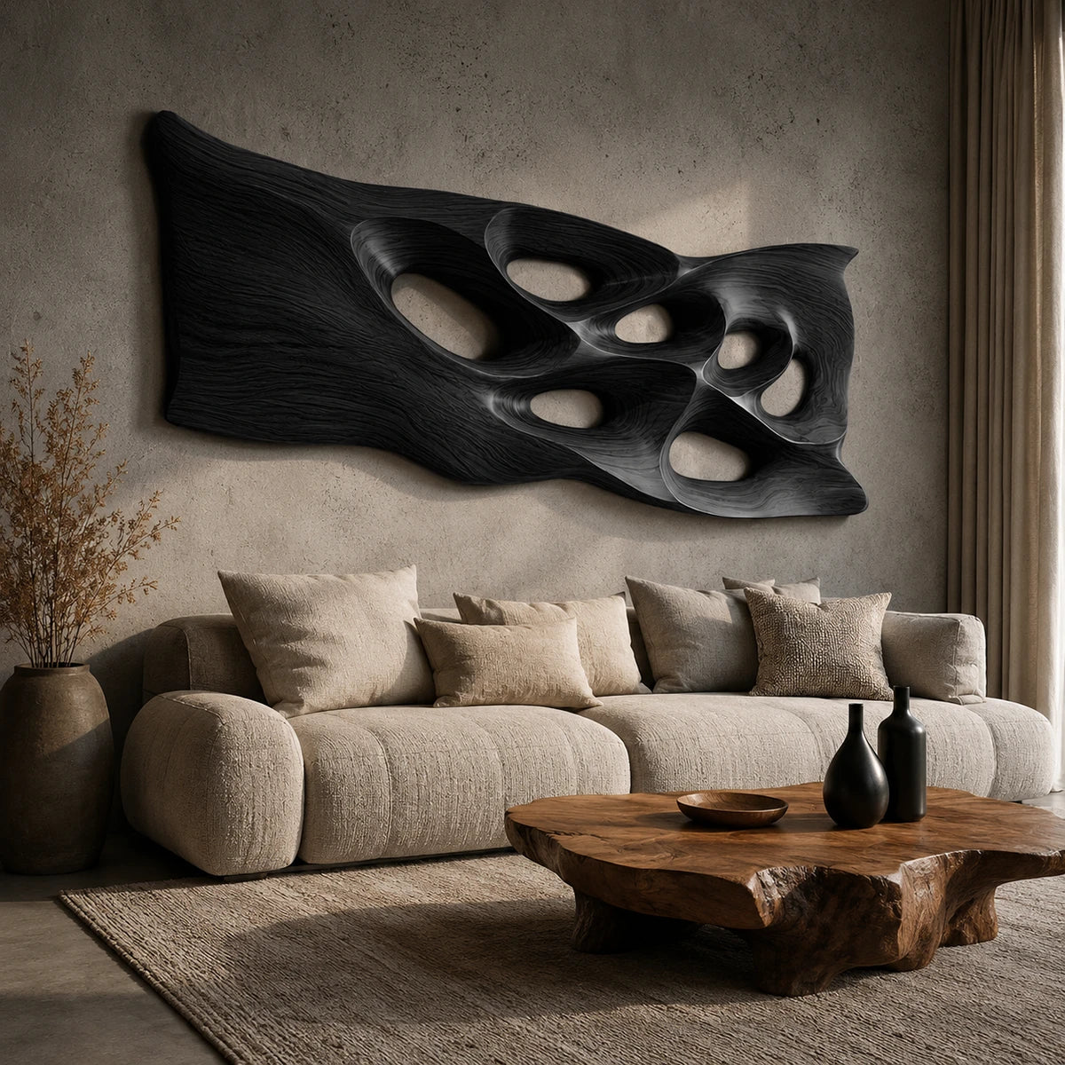 Decorative wall sculpture with sculpted voids adds movement to a bright modern bedroom