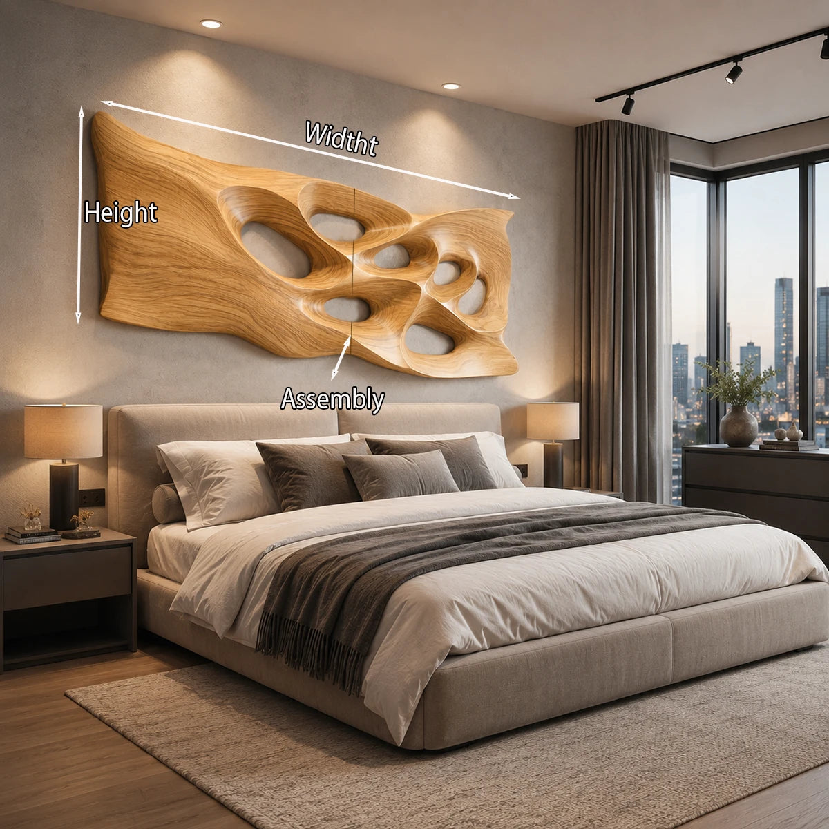Artistic wall panel with fluid cutouts enhances a refined bedroom with sculptural depth