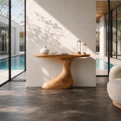 Luxury foyer table with a fluid pedestal base and generous surface for decor display