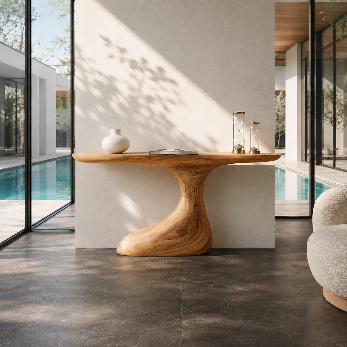 Contemporary console table showcases an elegant sculptural support in airy interiors