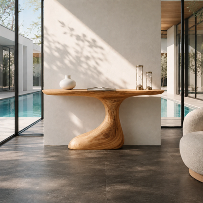Contemporary console table showcases an elegant sculptural support in airy interiors