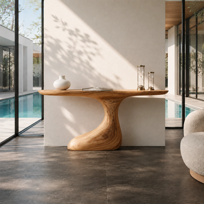 Wood tone console table with a sweeping base and minimalist architectural profile