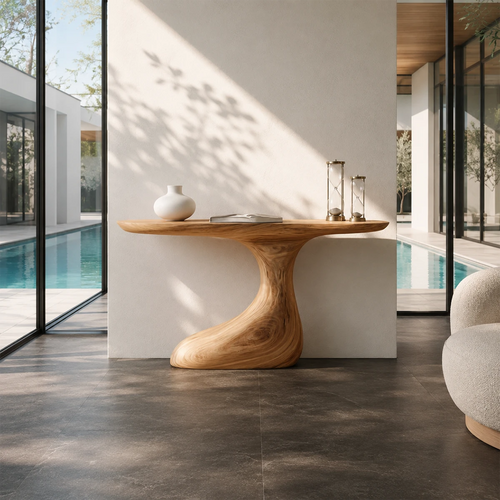 Sculptural console table with a flowing pedestal base in a bright modern interior