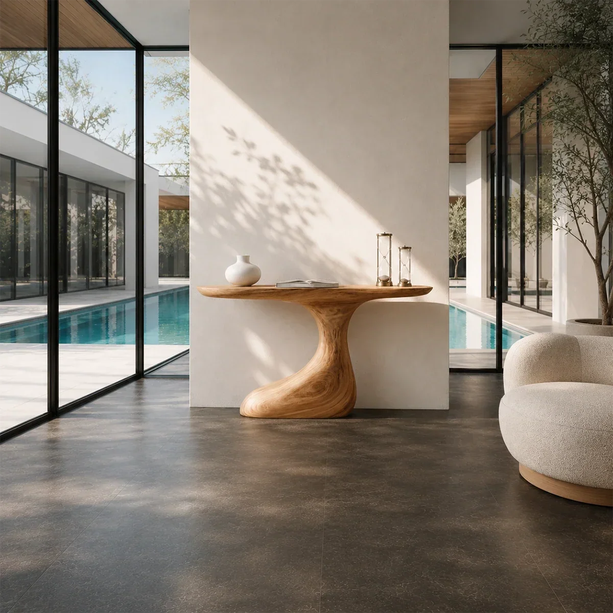 Organic modern console table styled with decor beside floor to ceiling pool windows