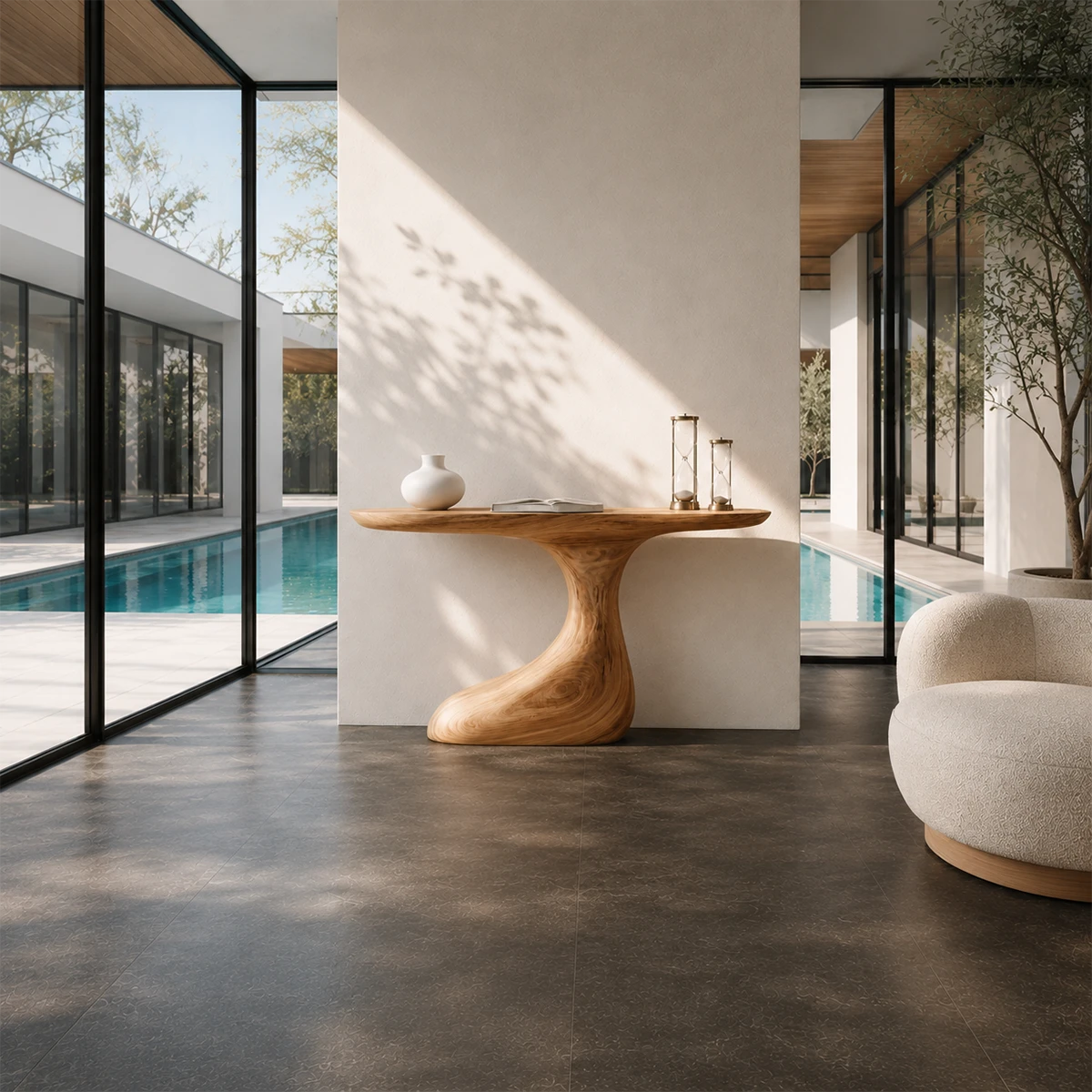 Organic modern console table styled with decor beside floor to ceiling pool windows