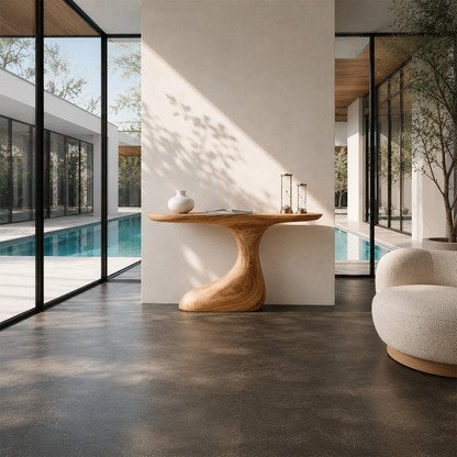 Organic modern console table styled with decor beside floor to ceiling pool windows
