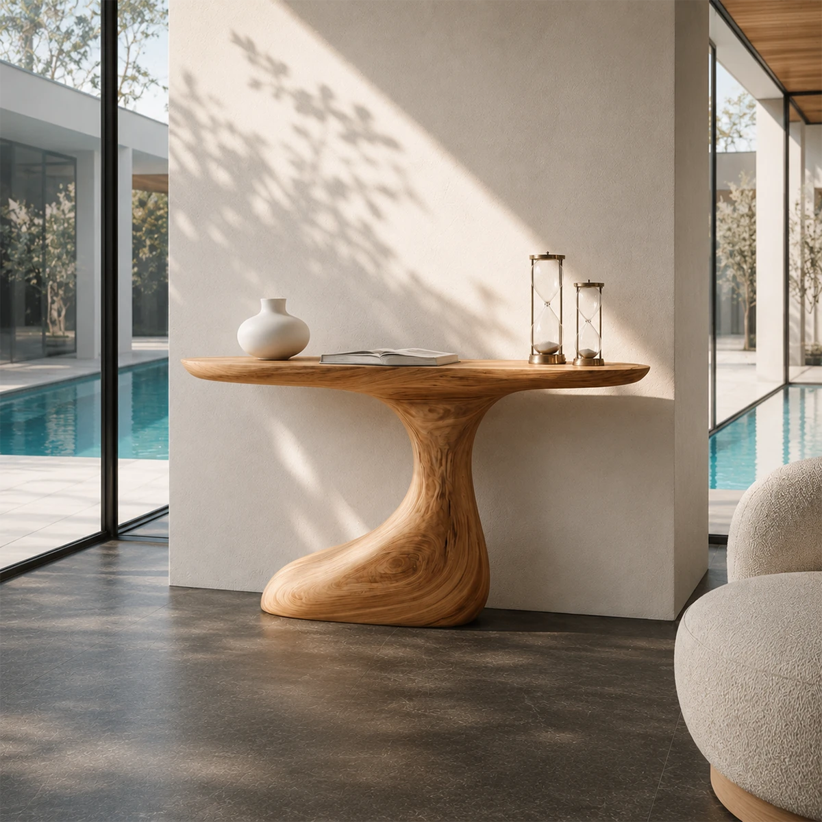 Entryway console table featuring a curved support and sleek display surface indoors