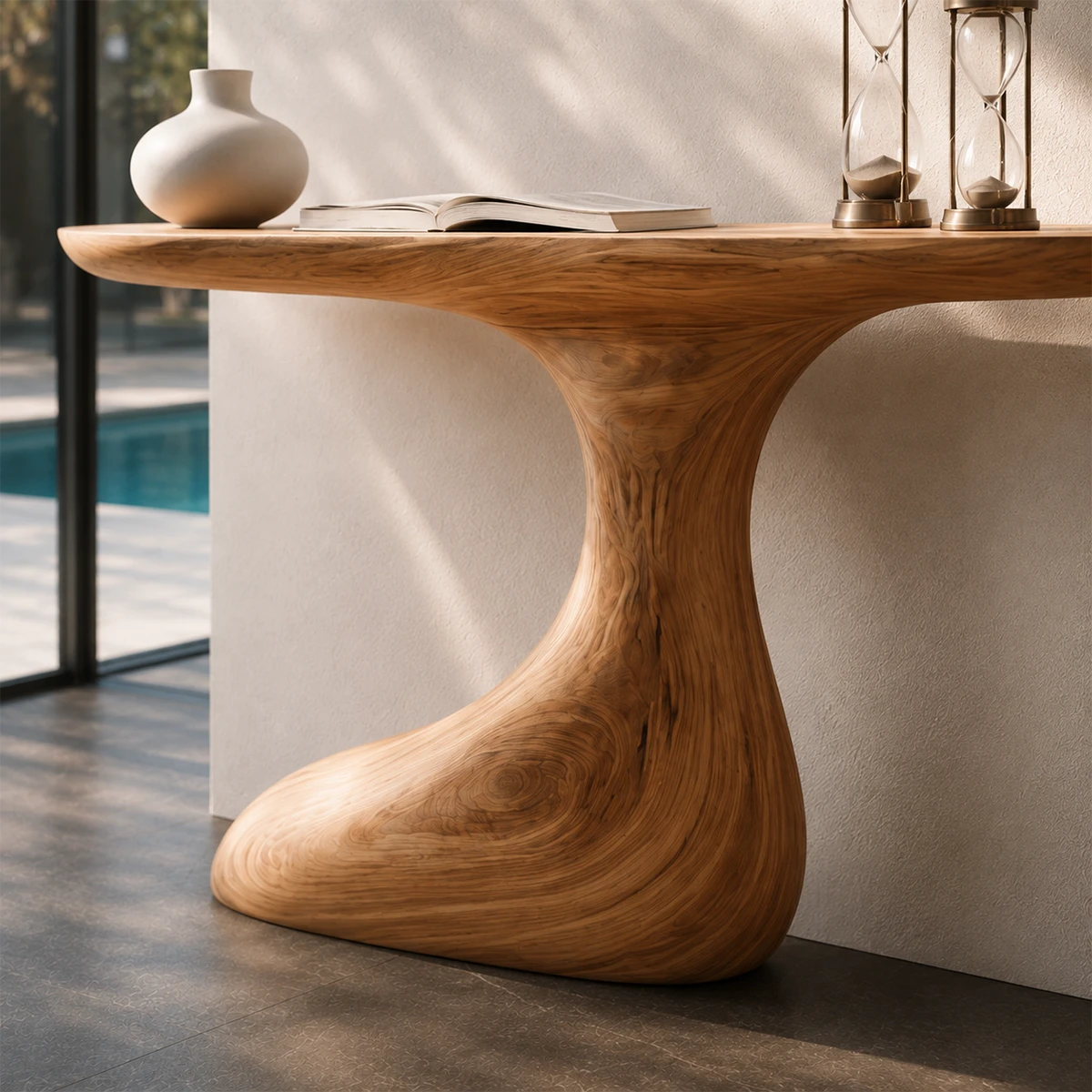 Designer hallway table with a sculpted base and warm natural wood tone appearance