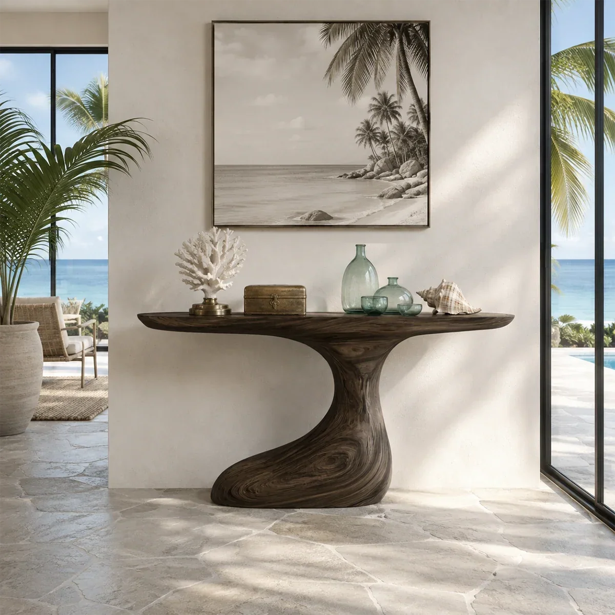Artistic sofa table with smooth curves and visible grain in a calm luxury interior