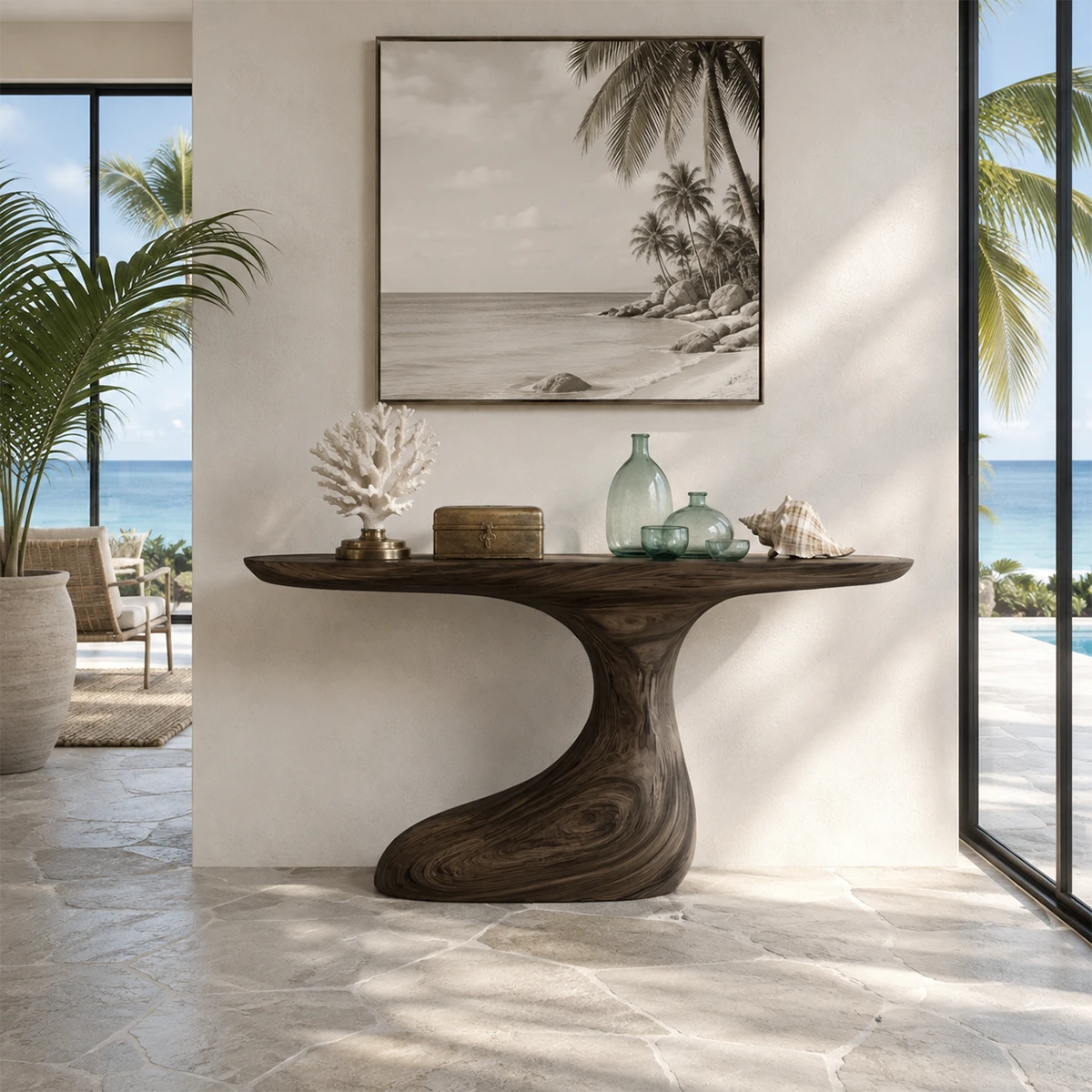 Artistic sofa table with smooth curves and visible grain in a calm luxury interior