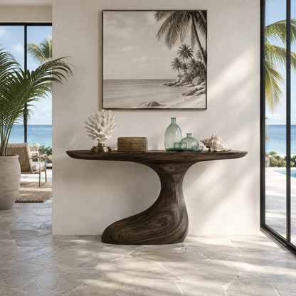 Artistic sofa table with smooth curves and visible grain in a calm luxury interior