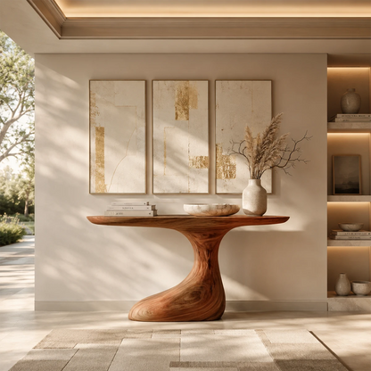 Modern accent console with flowing lines and a broad top near glass poolside walls