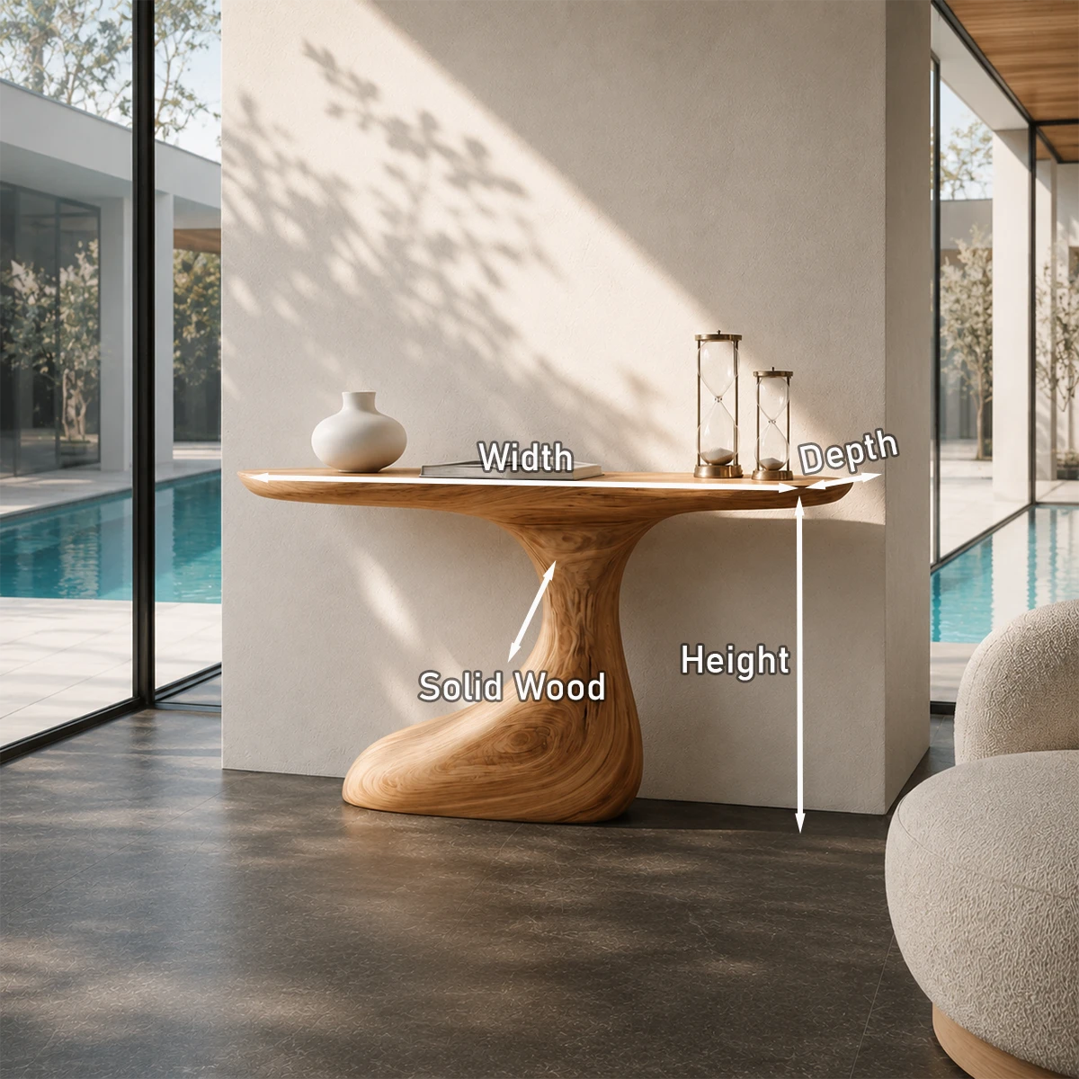 Statement console table blends organic form and warm finish in open modern interiors