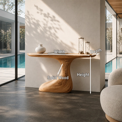 Statement console table blends organic form and warm finish in open modern interiors