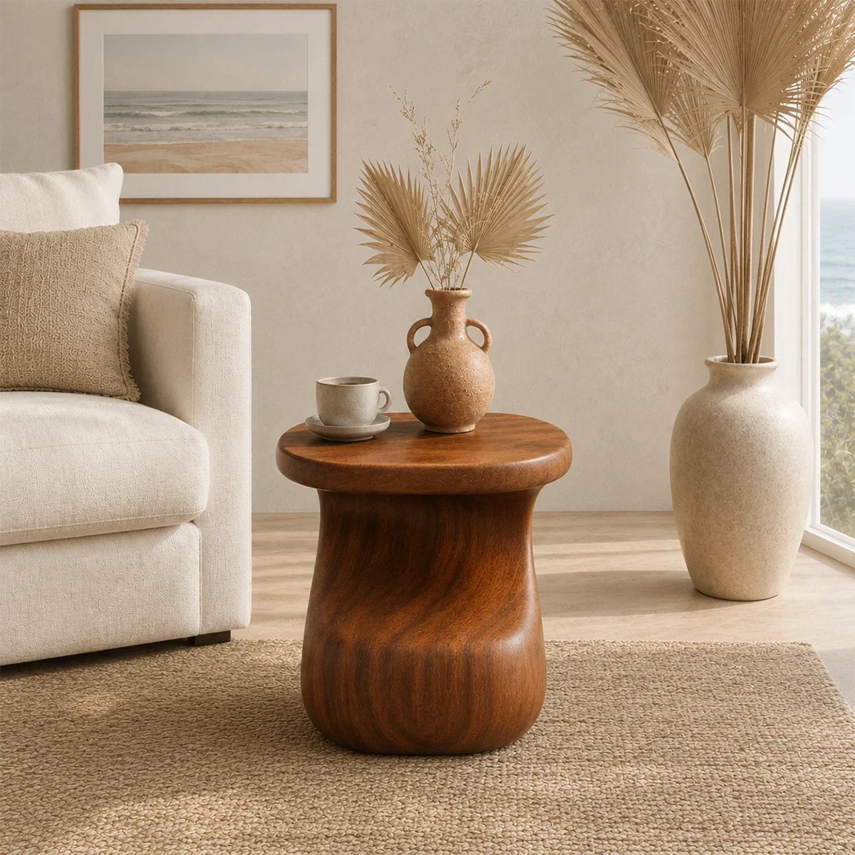 Designer side table with sculpted contours and visible grain in a refined interior