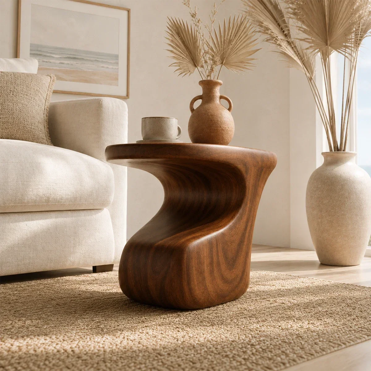 Modern end table with artistic base and warm finish beside lounge seating indoors