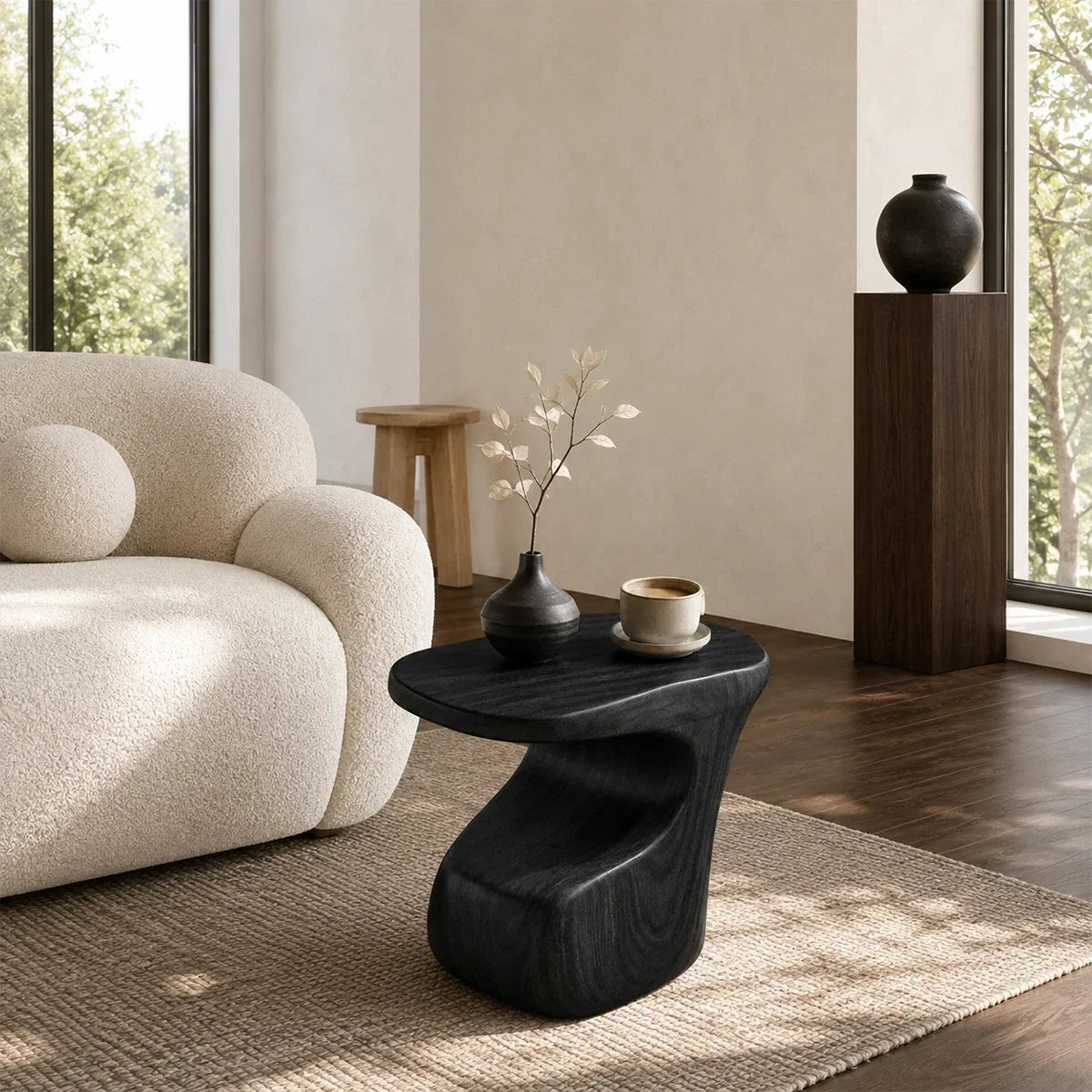 Contemporary end table showcases smooth curves and warm wood tone in a calm room
