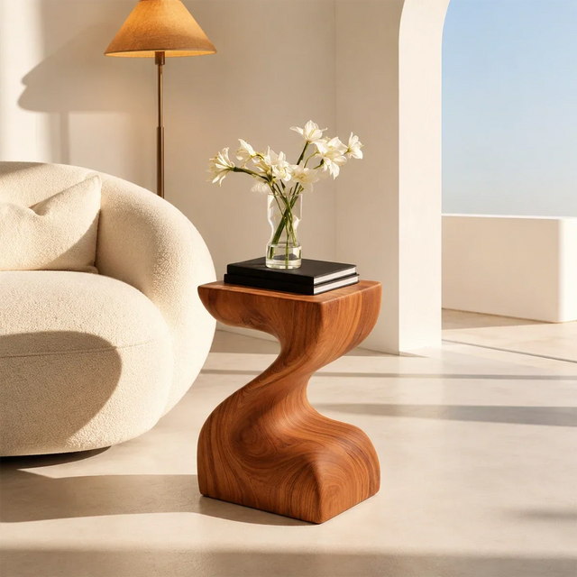 Sculptural end table with a flowing pedestal base and warm wood tone finish indoors