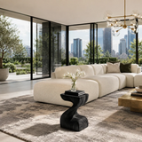 Contemporary end table showcases organic curves and warm wood tone in an airy room