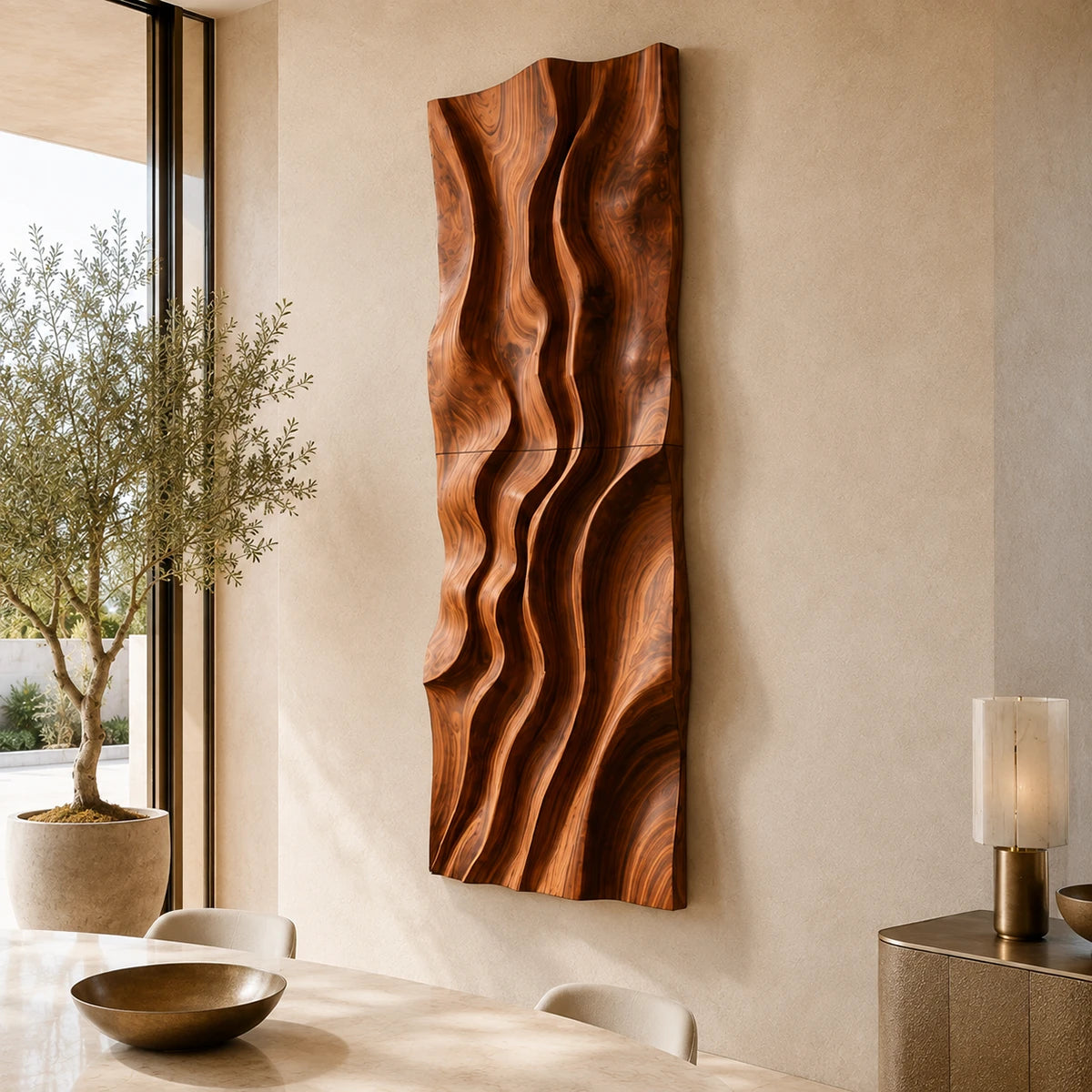 Deep carved channels give this abstract wall art a bold architectural presence indoors