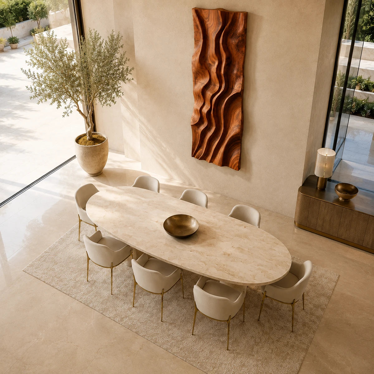 Suspended above the dining area, this wall decor introduces texture and visual movement