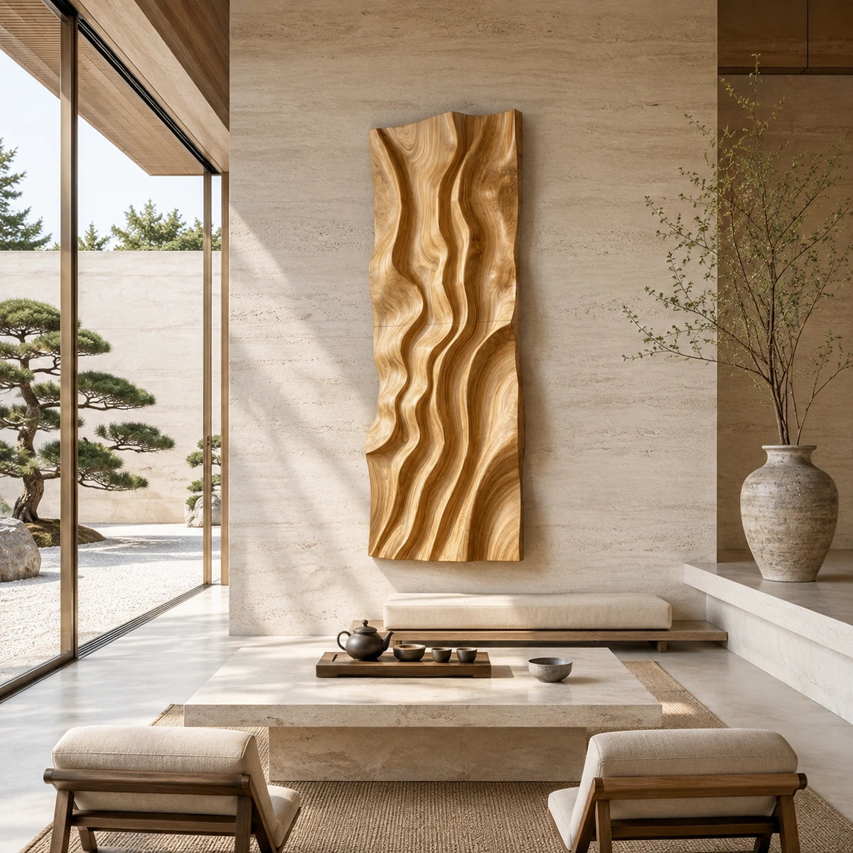 Curved relief details shape this artistic wall panel into a dramatic interior focal point