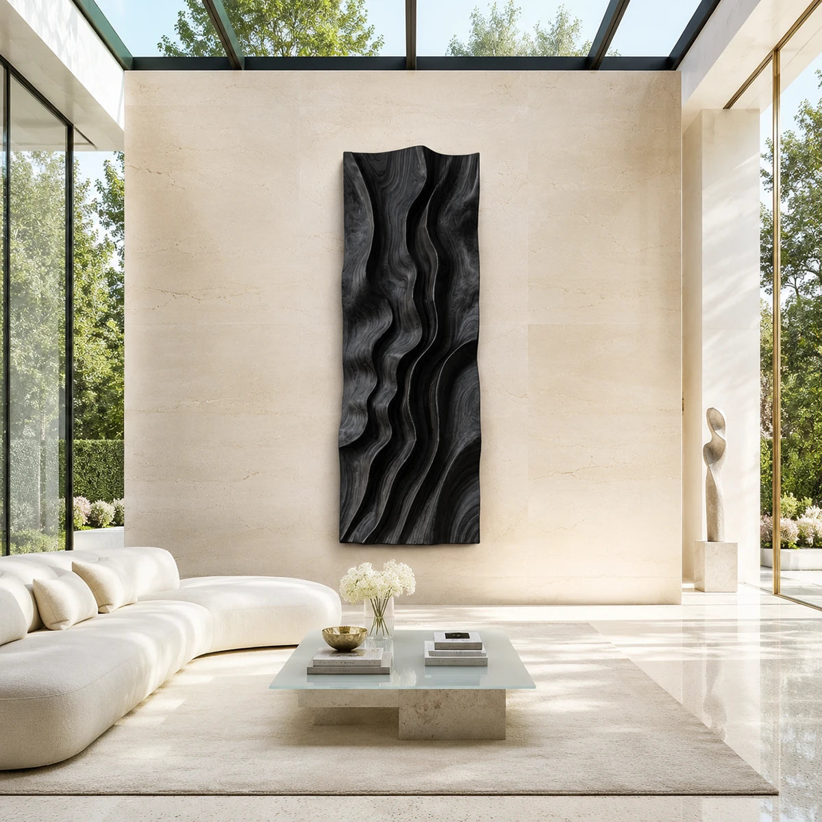 Statement wall sculpture with flowing grooves adds depth to a spacious dining room wall