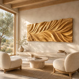 Layered wall sculpture with flowing carved ridges adds depth to a refined living room