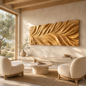 Layered wall sculpture with flowing carved ridges adds depth to a refined living room