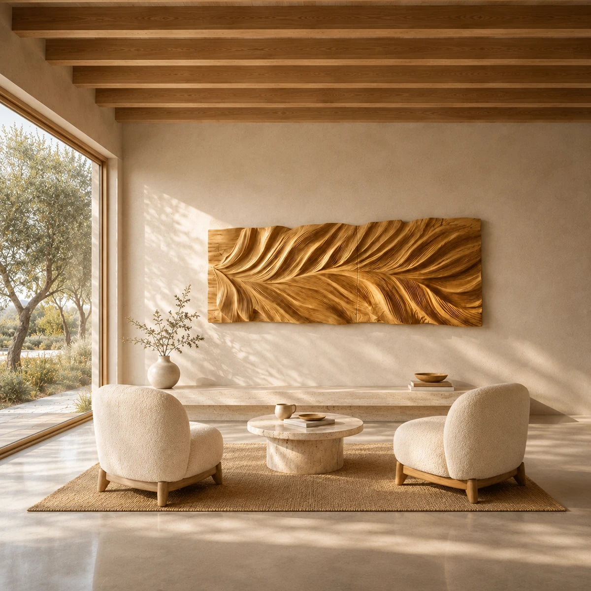 Across the wall, sweeping relief lines create movement through this sculptural art panel