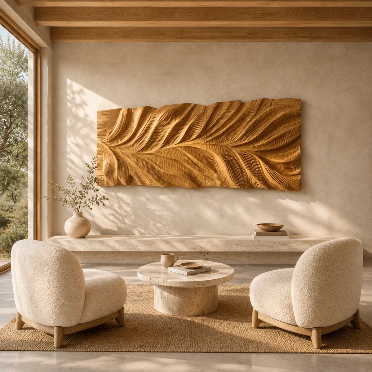 A wide abstract wall panel with carved contours brings texture to contemporary interiors
