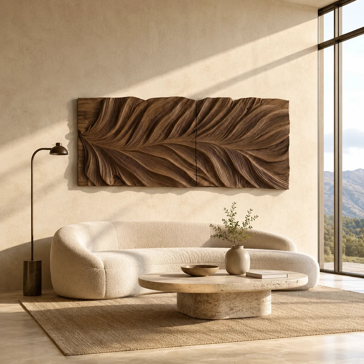 Mounted above seating, this carved wall decor introduces dimension to a bright interior