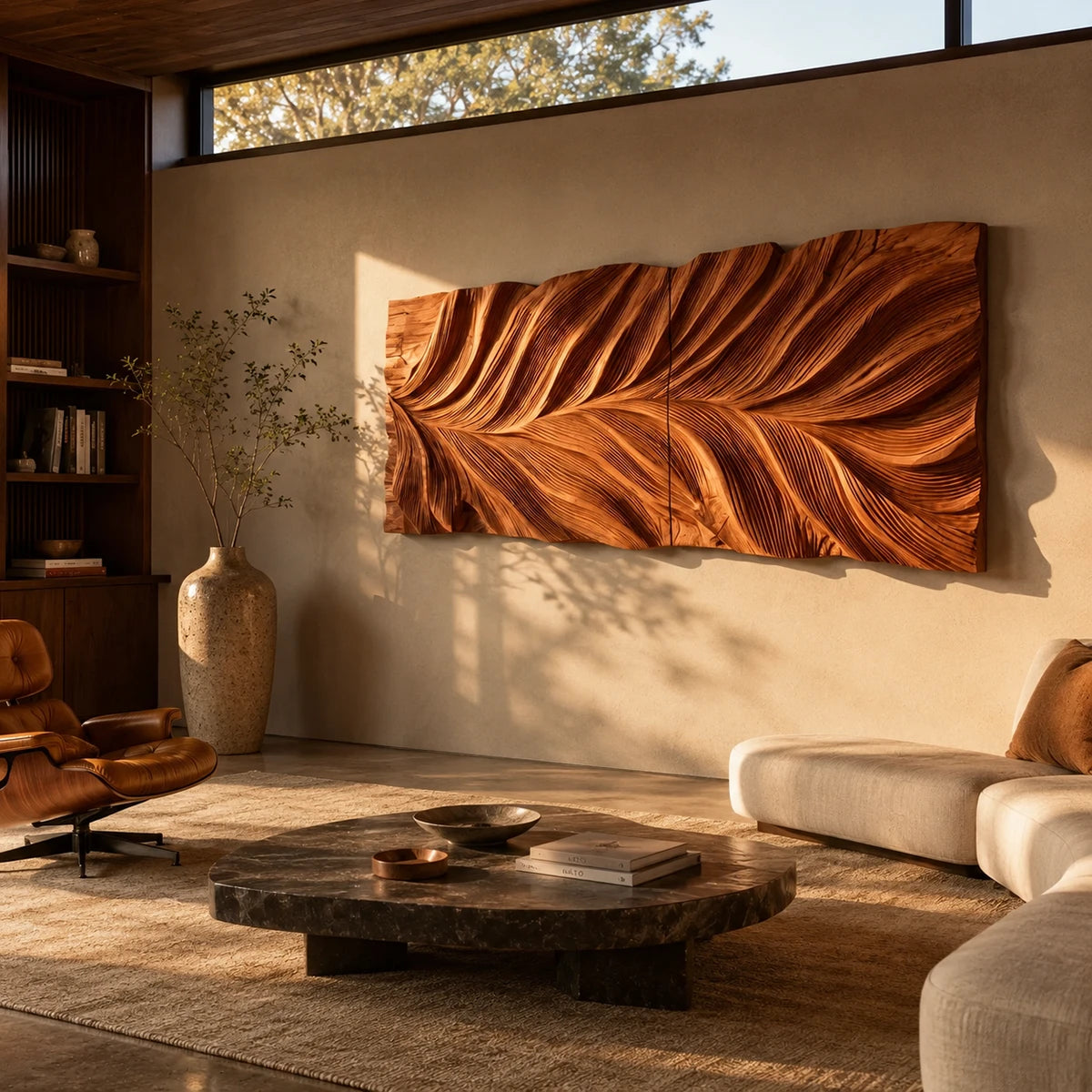 Wave inspired carving gives this decorative wall panel a strong architectural presence